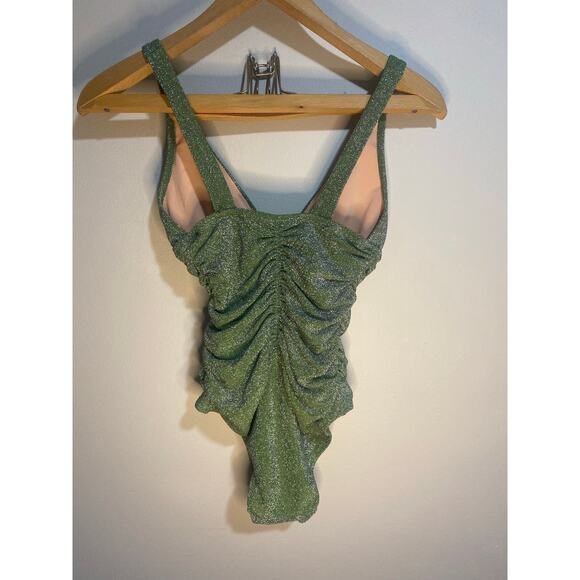 NWT J Crew Sparkle Ruched Plunge One Piece Swimsuit Green Size 2 - Picture 3 of 3